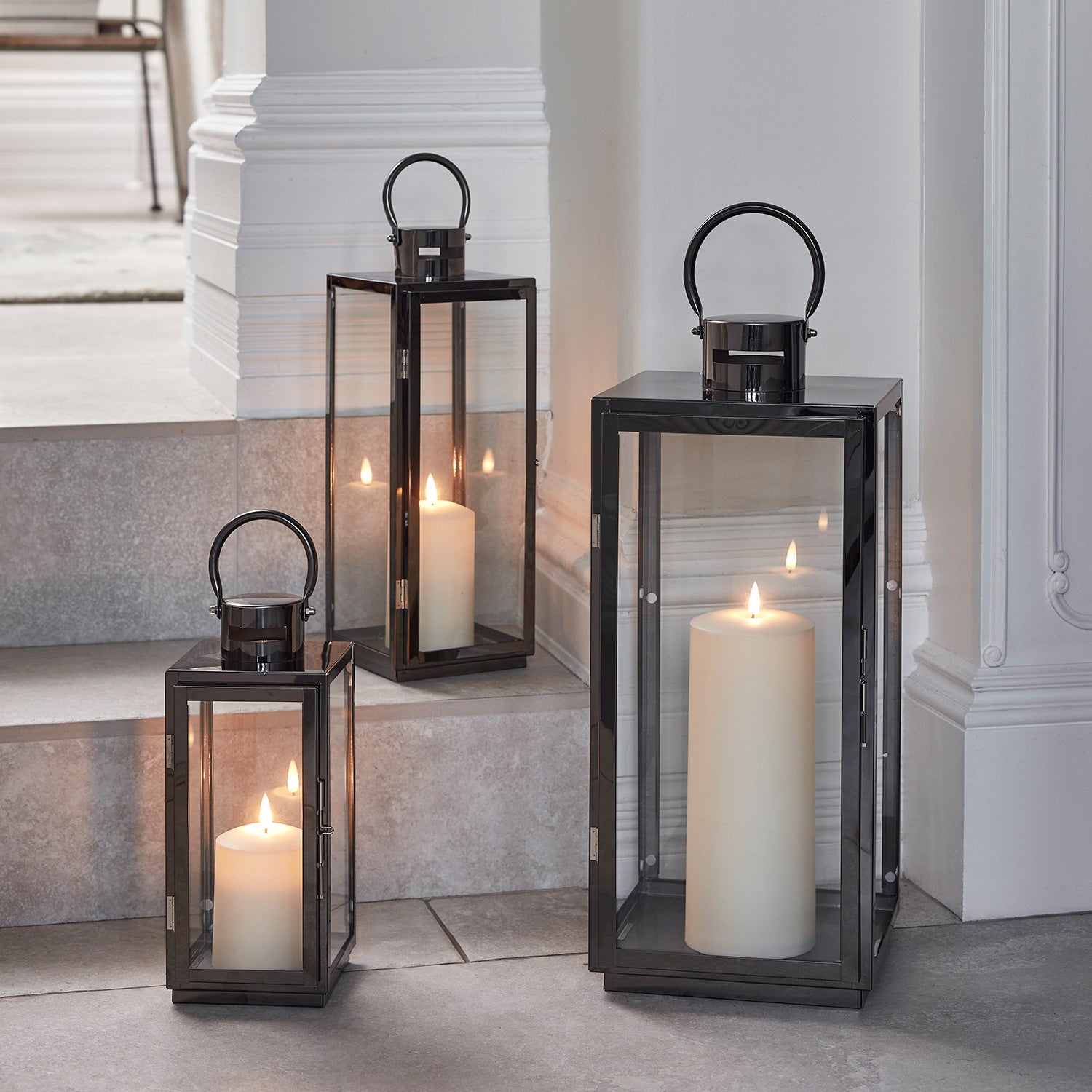 Stainless Steel Candle Lantern Trio with TruGlow Candles