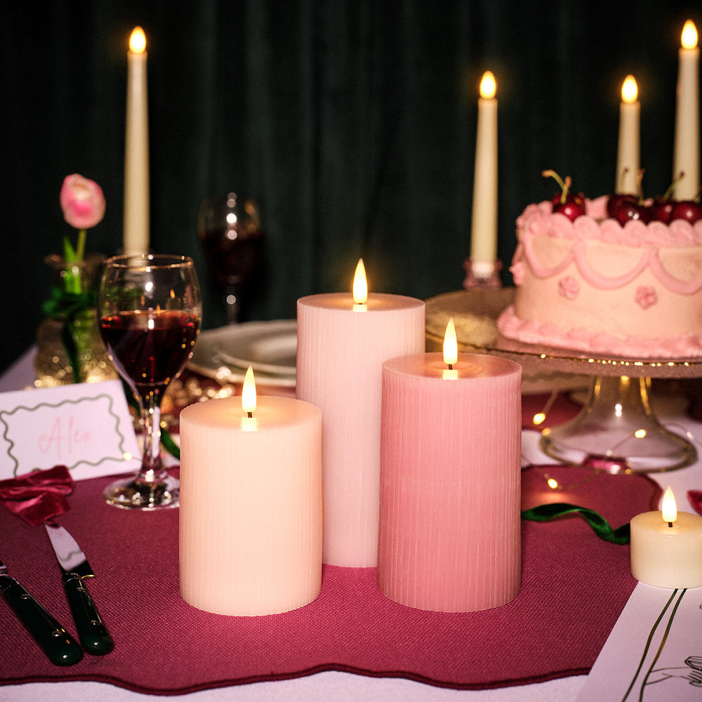 TruGlow® Blush Pink Ribbed LED Pillar Candle Trio