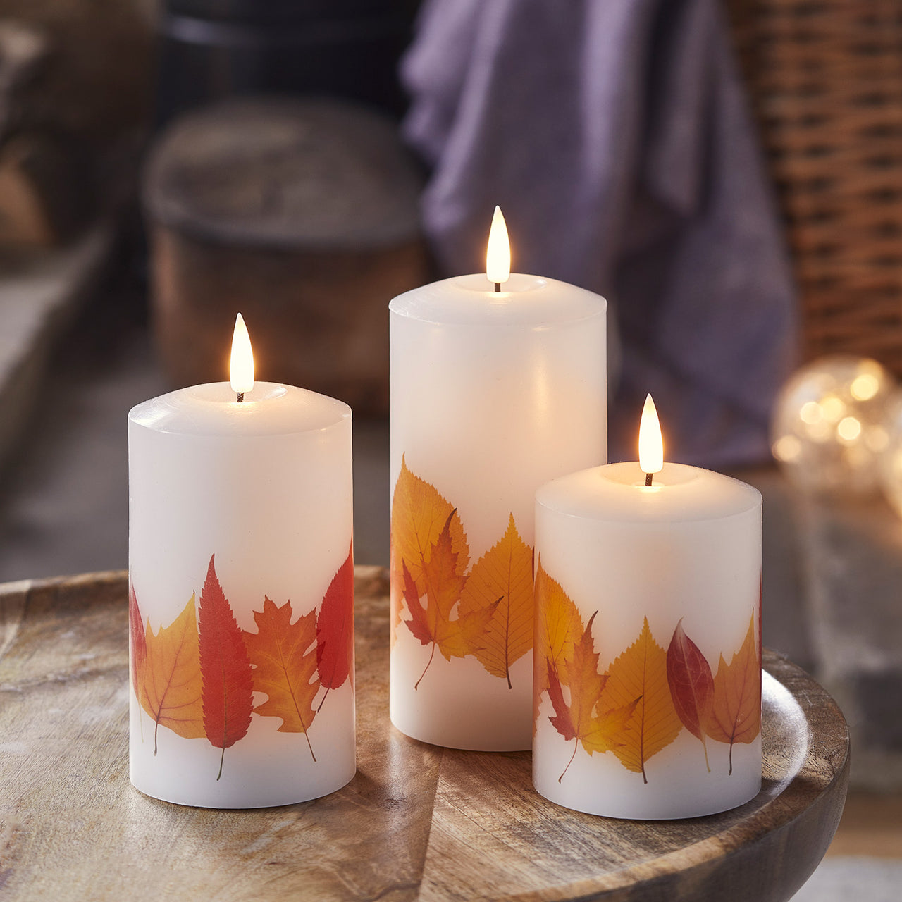 TruGlow® Autumnal Leaf LED Pillar Candle Trio with Remote Control