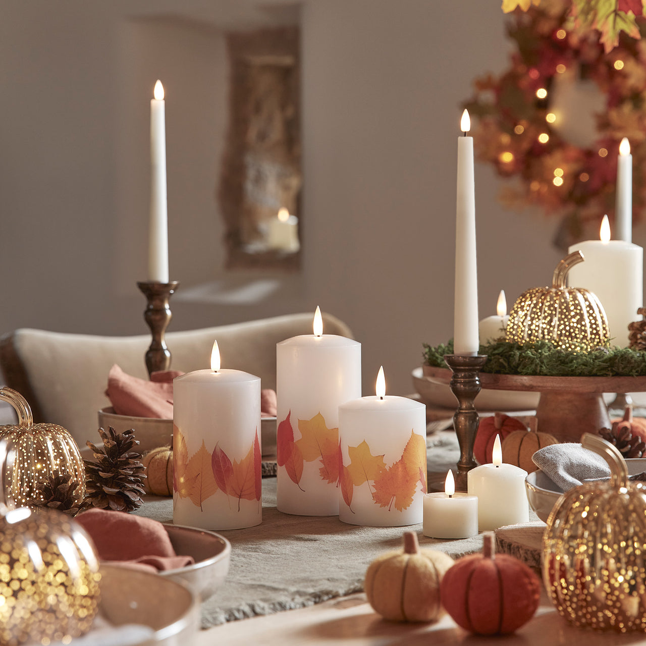 TruGlow® Autumnal Leaf LED Pillar Candle Trio with Remote Control