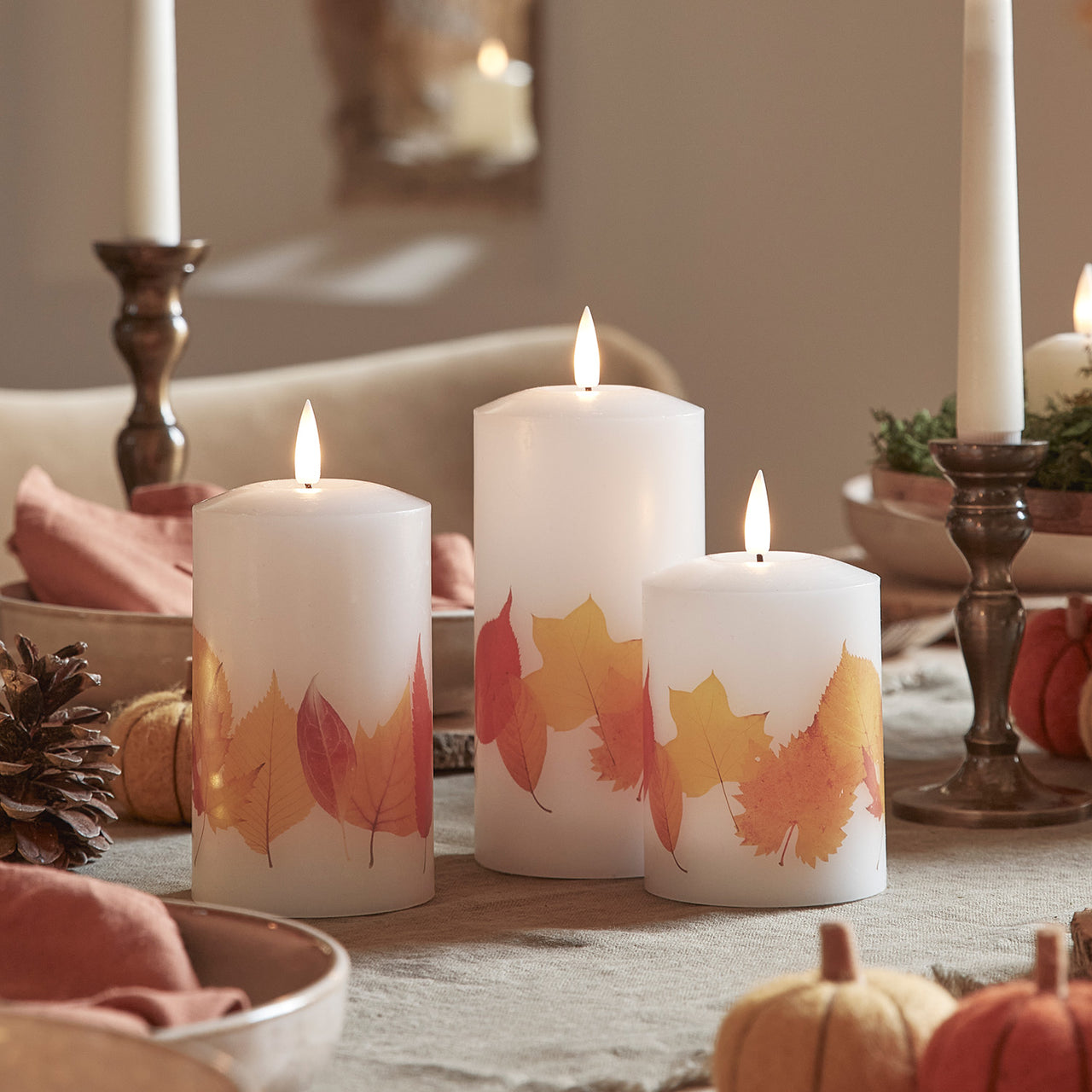 TruGlow® Autumnal Leaf LED Pillar Candle Trio with Remote Control