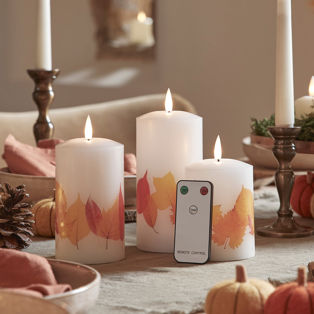 TruGlow® Autumnal Leaf LED Pillar Candle Trio with Remote Control