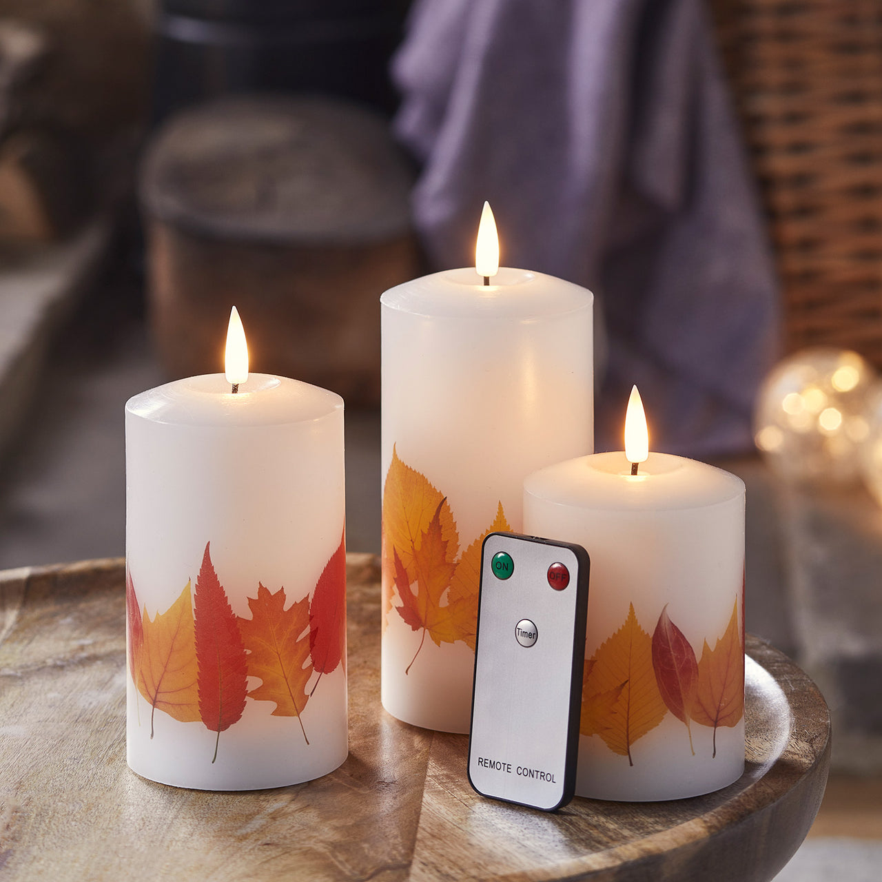 TruGlow® Autumnal Leaf LED Pillar Candle Trio with Remote Control