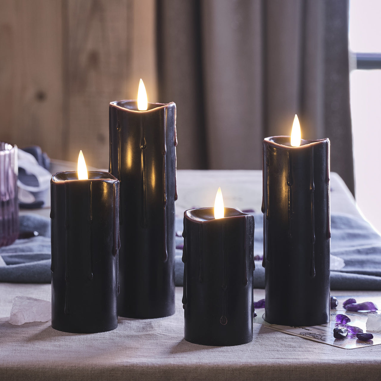 4 TruGlow® Black Dripping Wax LED Slim Pillar Candles