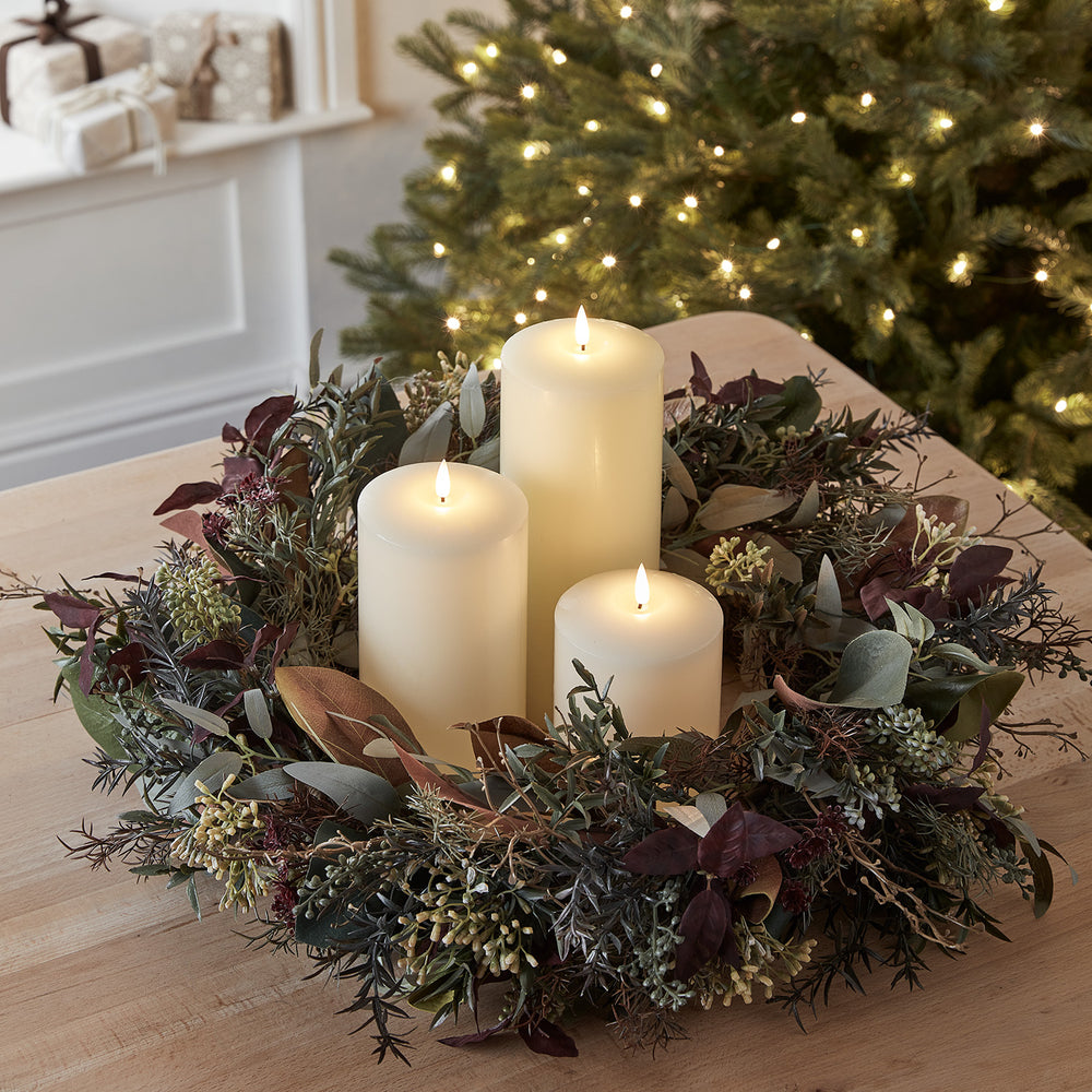 60cm Pre Lit Autumn & Christmas Wreath & TruGlow® LED Candle Bundle