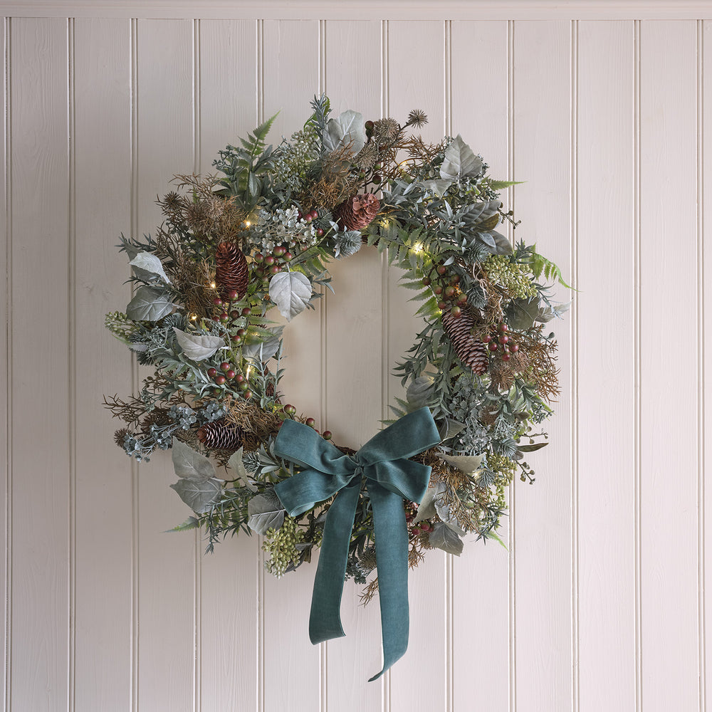 60cm Pre Lit Autumn-Winter Ribbon Wreath