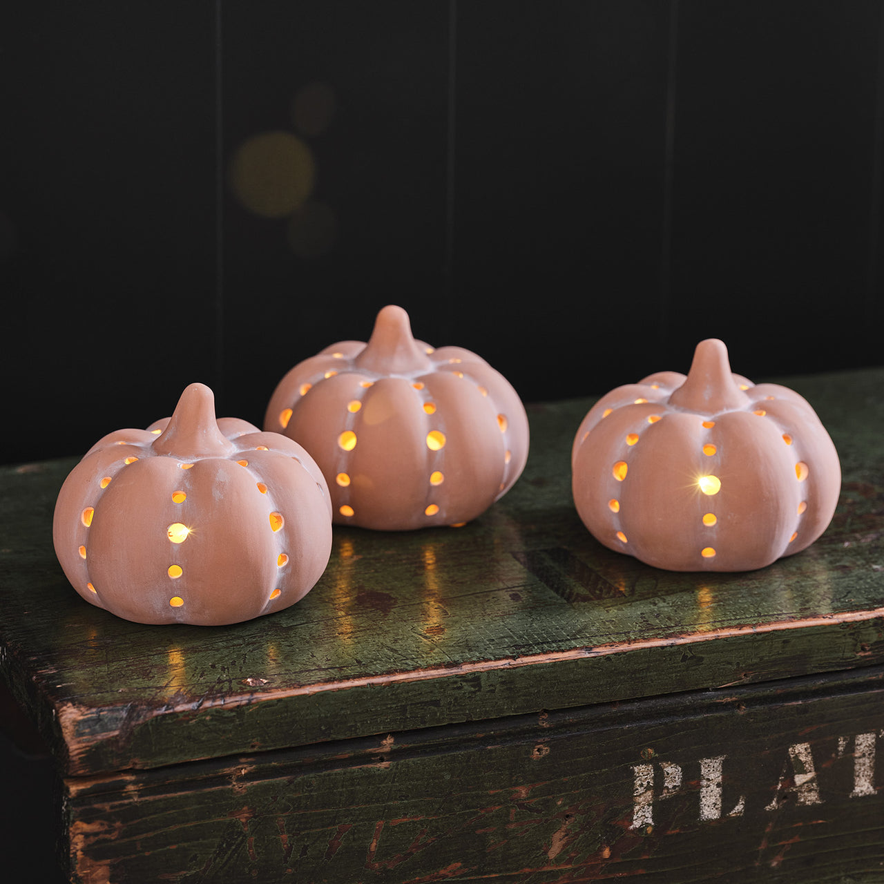 Set of 3 Terracotta Light Up Pumpkins