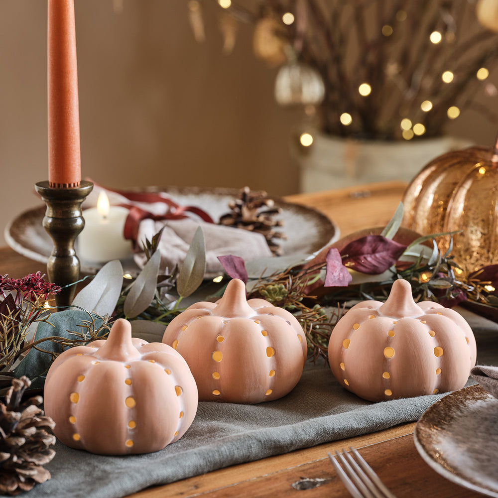 Set of 3 Terracotta Light Up Pumpkins