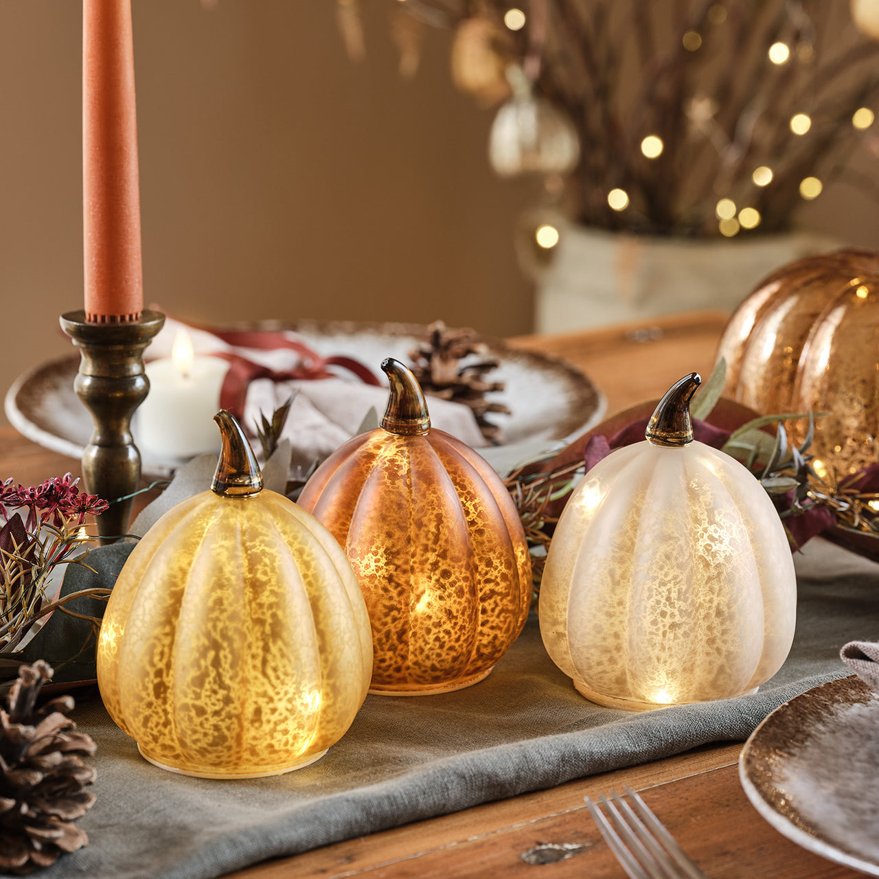 Set of 3 Autumnal Glass Light Up Pumpkins