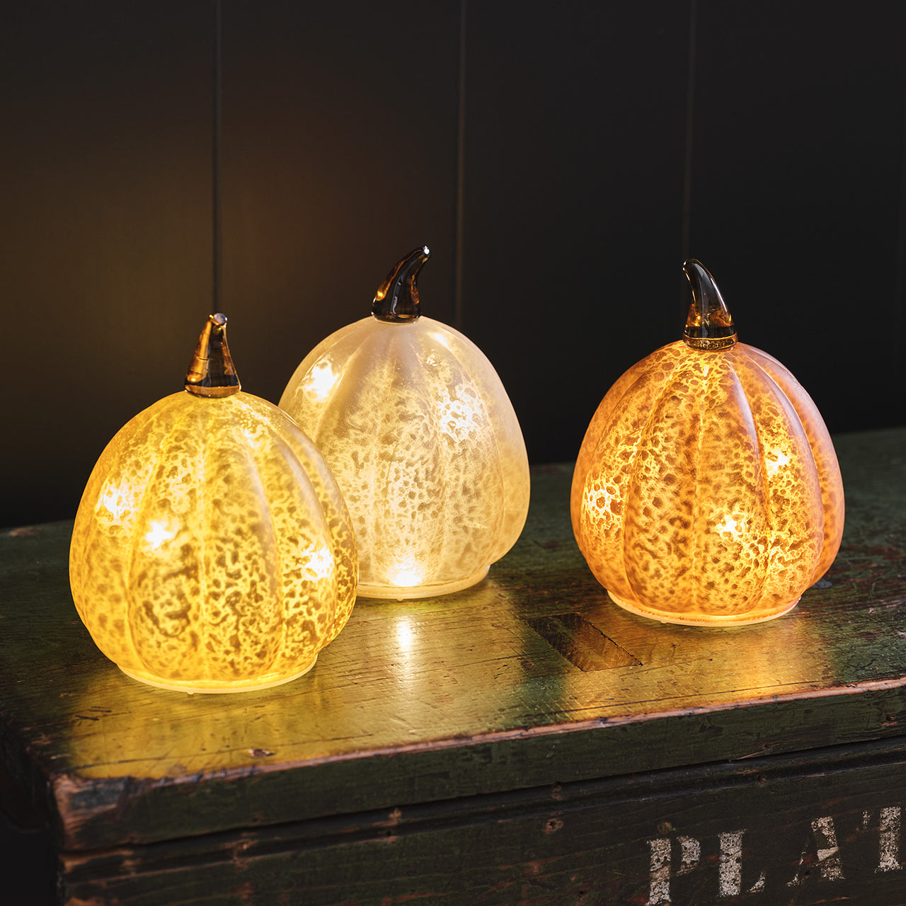 Set of 3 Autumnal Glass Light Up Pumpkins