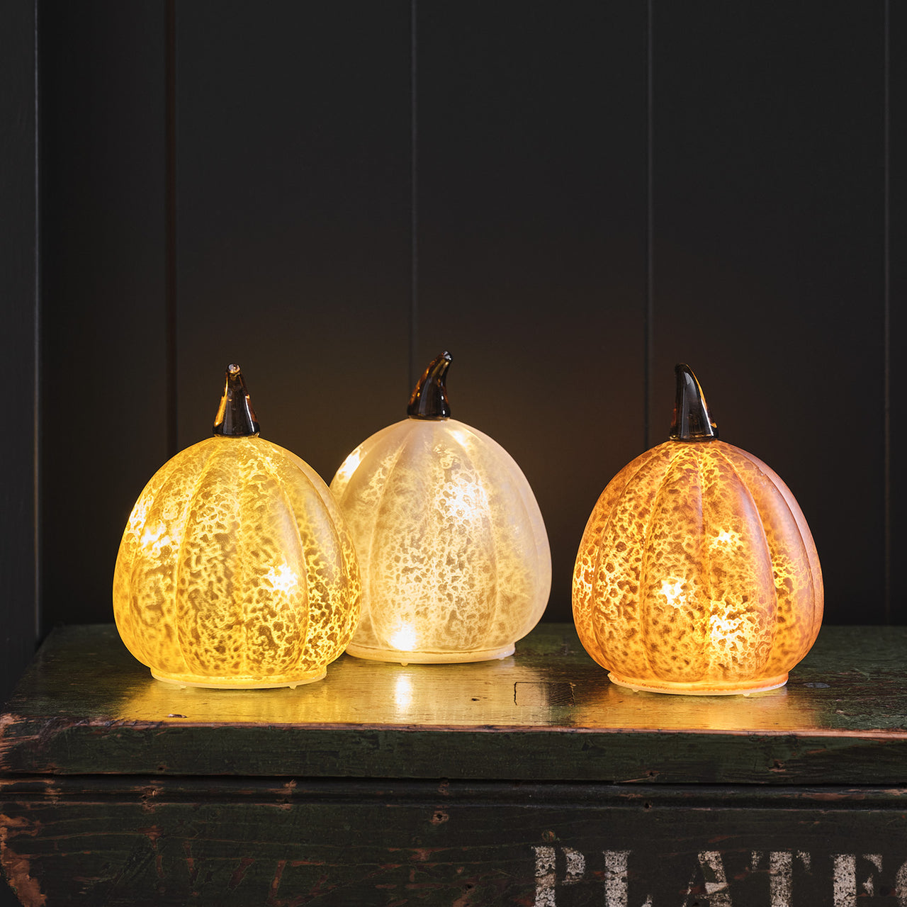 Set of 3 Autumnal Glass Light Up Pumpkins