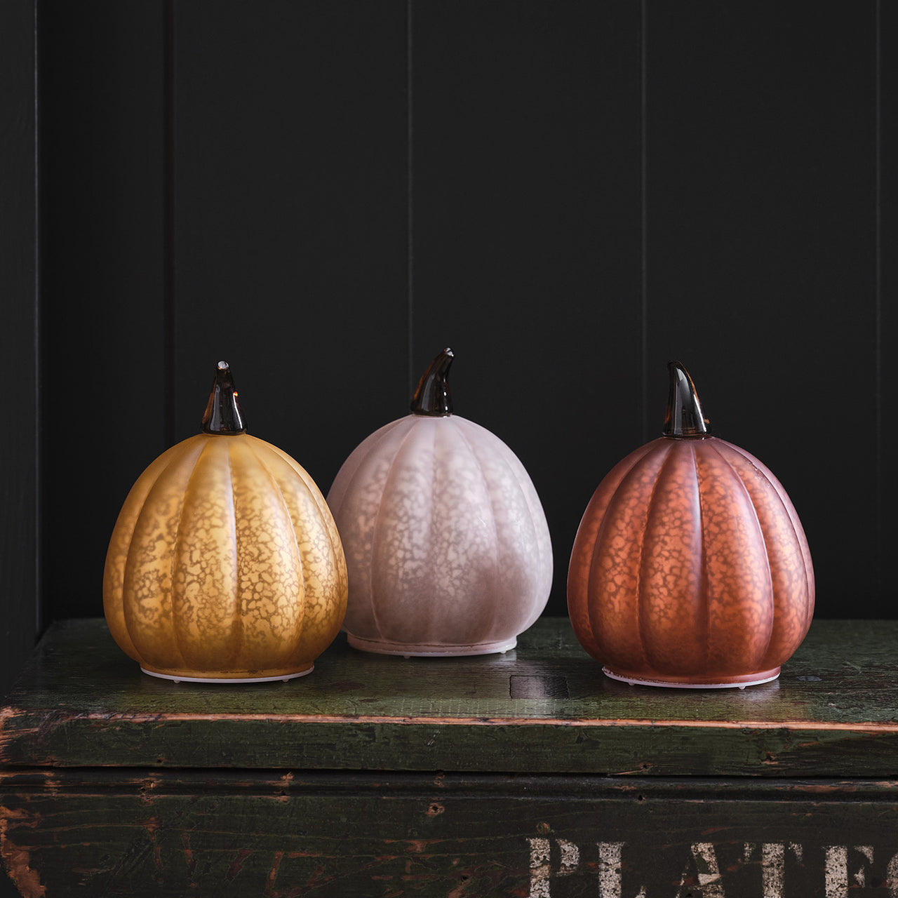 Set of 3 Autumnal Glass Light Up Pumpkins