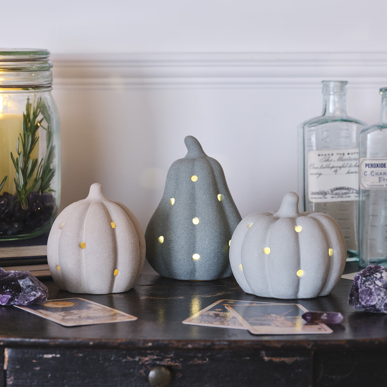 Set of 3 Neutral Stone Light Up Pumpkins