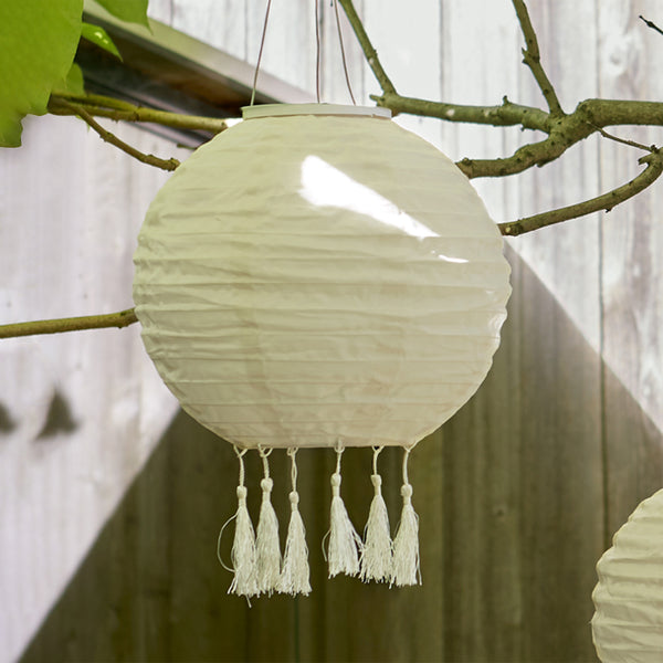 30cm Cream Lucena Tassel Solar Lantern | Lights4fun.co.uk