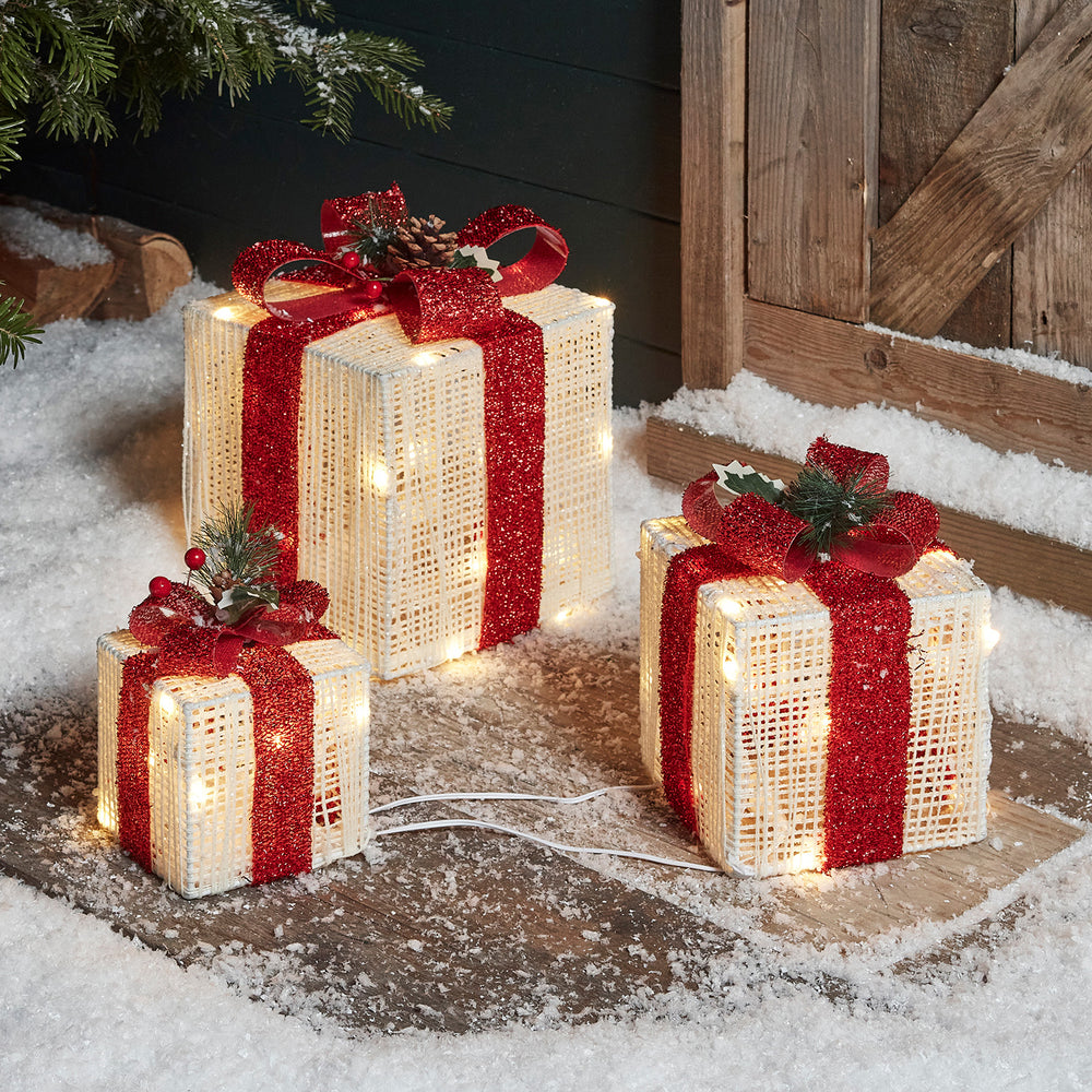 Red and White Glitter Light Up Christmas Present Trio