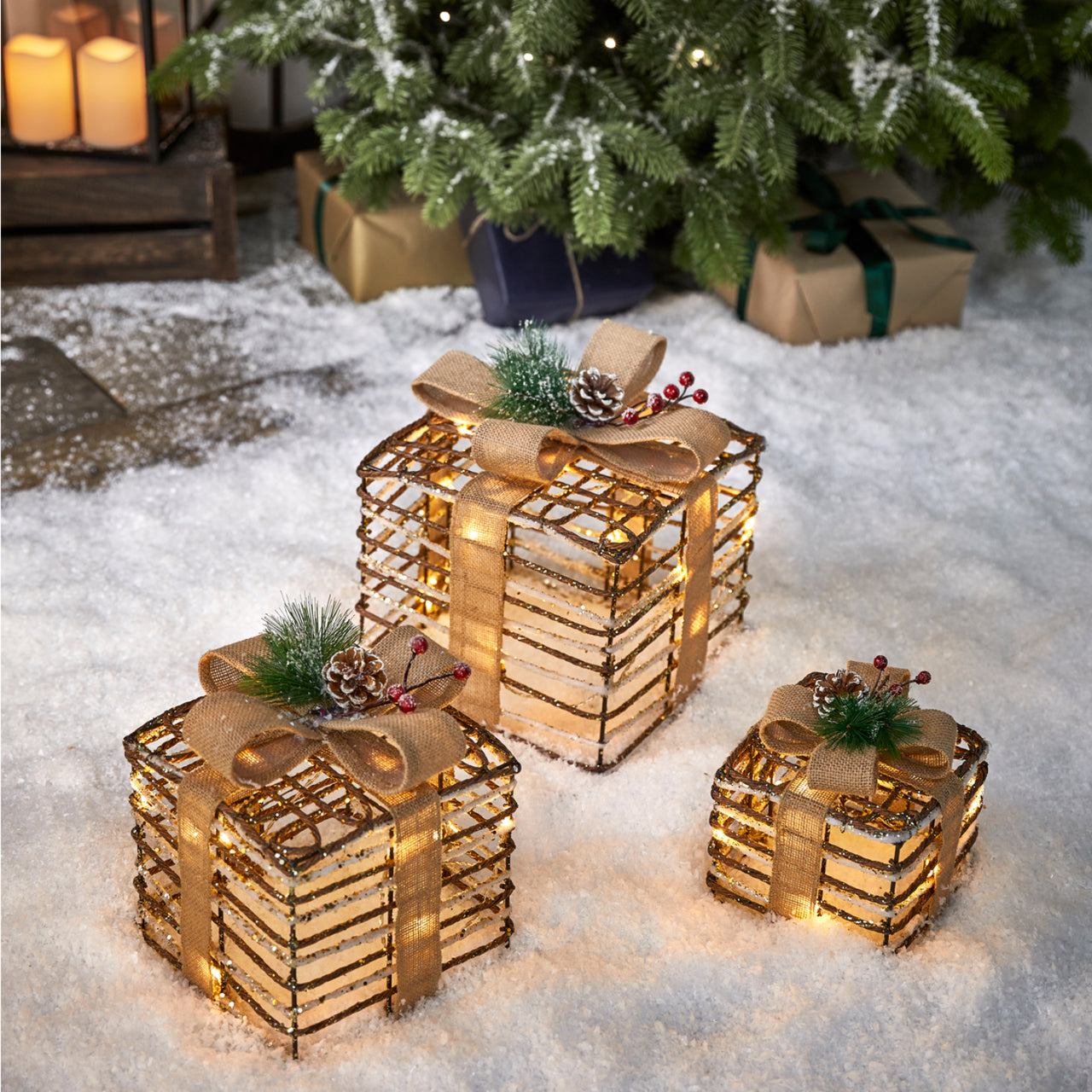 Rattan Light Up Christmas Present Trio