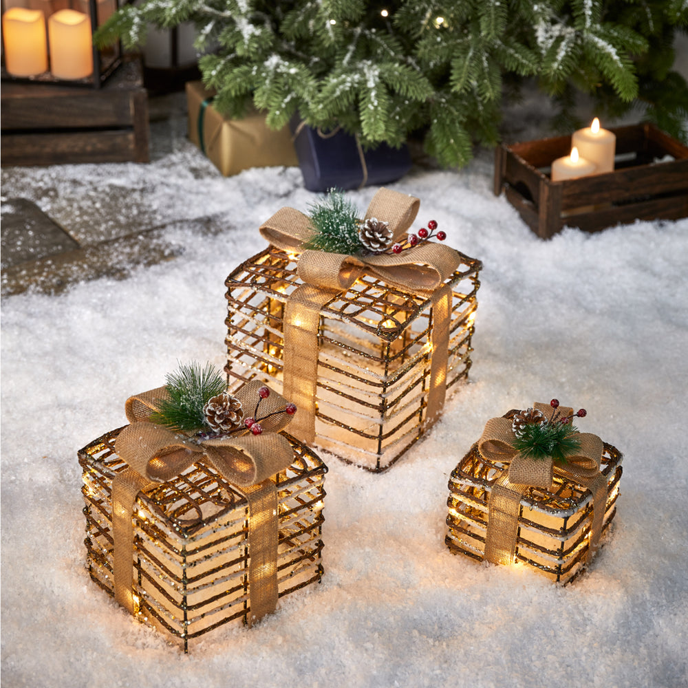 Rattan Light Up Christmas Present Trio