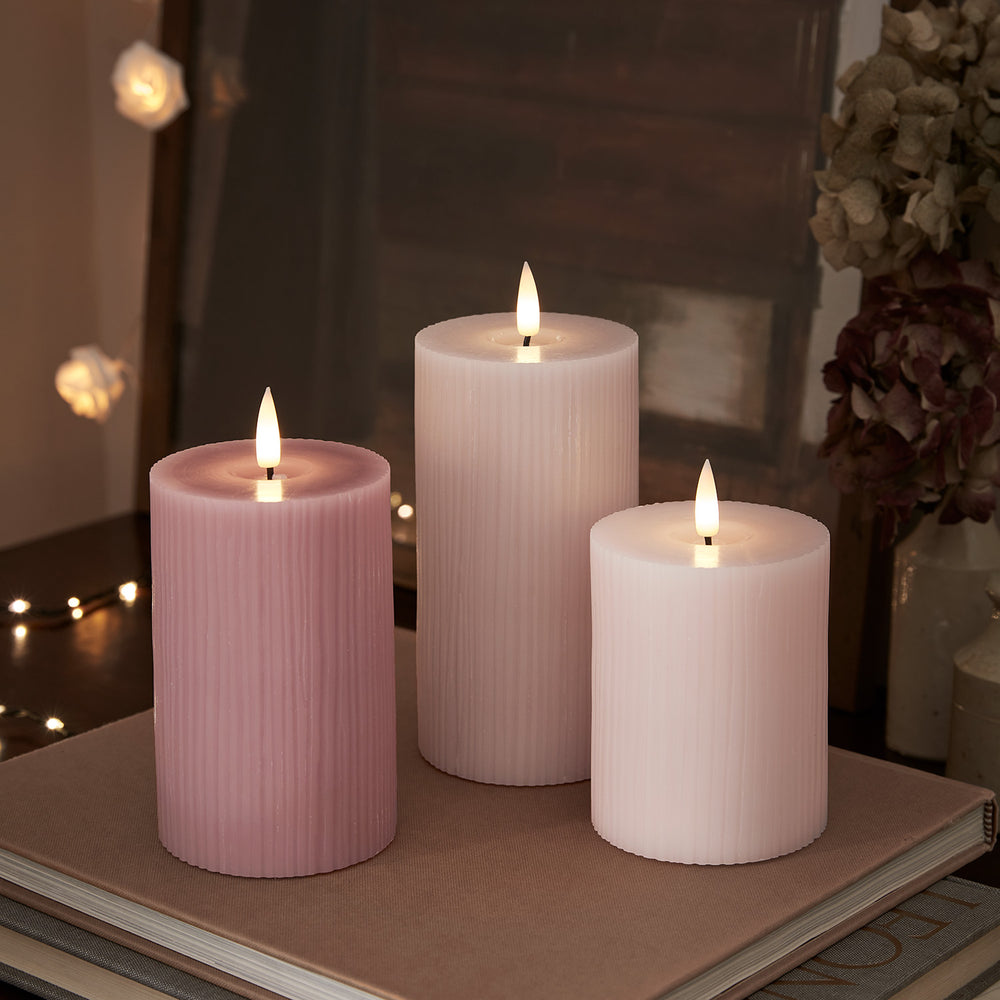 TruGlow® Blush Pink Ribbed LED Pillar Candle Trio